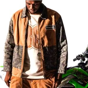 NWT Homme Femme Paisley Denim Work Jacket Embellished XXL Rust Brown